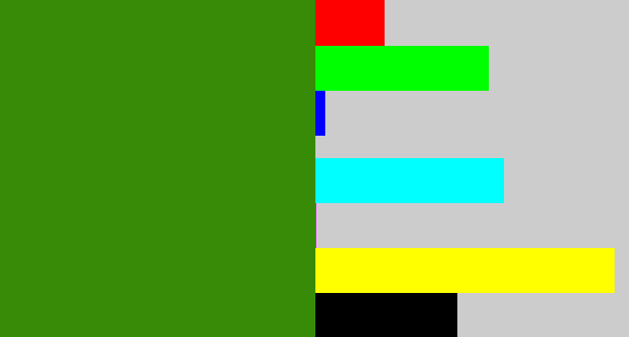 Hex color #378b07 - dark grass green