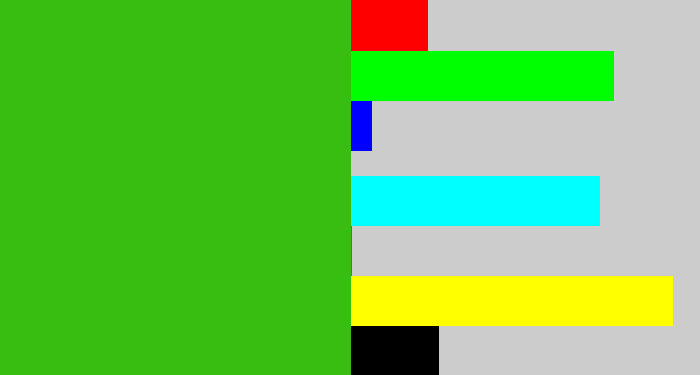 Hex color #37be10 - frog green