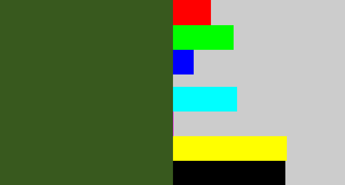 Hex color #38591e - army green