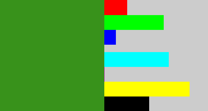 Hex color #38921b - grass green