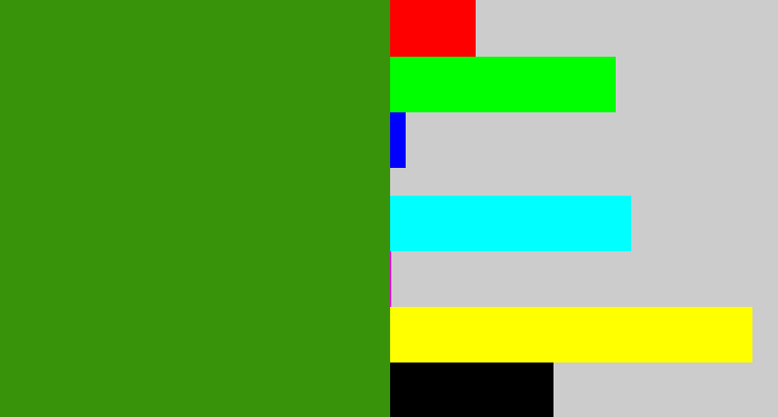 Hex color #38930b - grass green