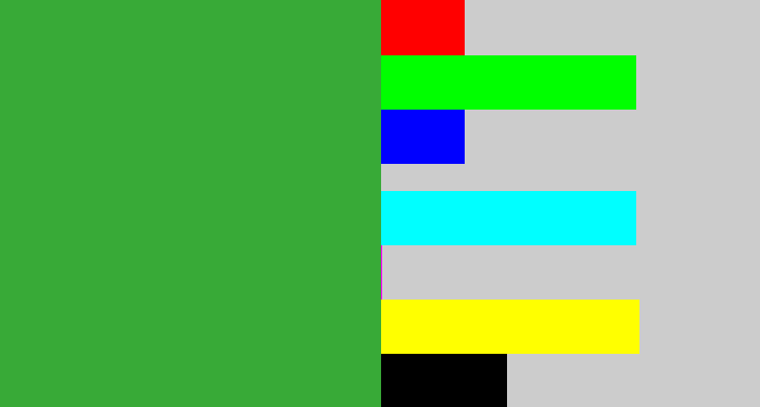Hex color #38aa37 - medium green