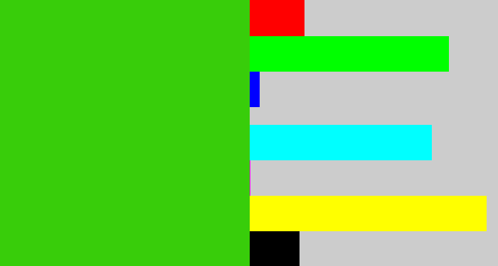 Hex color #38cd0a - vivid green
