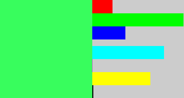 Hex color #38fd5d - bright light green