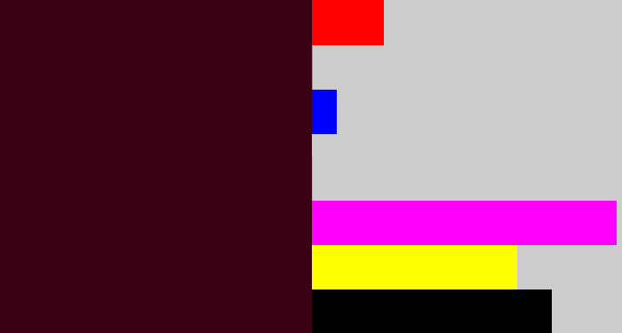 Hex color #3a0114 - dark maroon