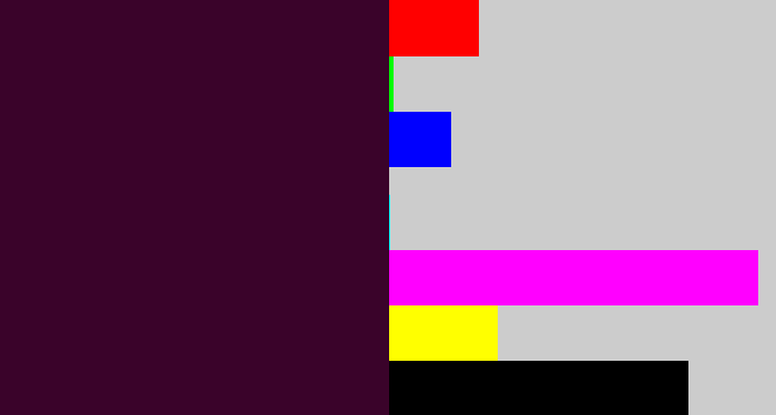 Hex color #3a032a - dark plum