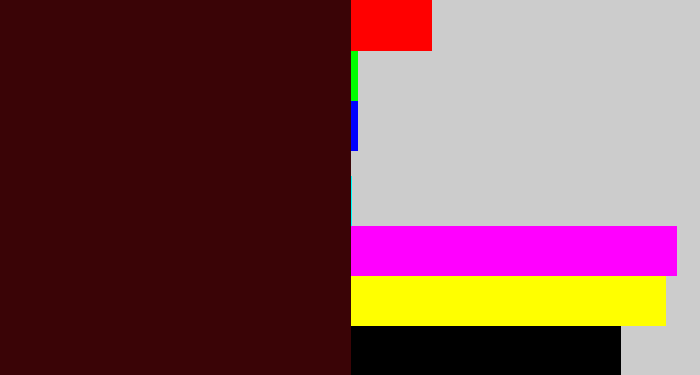 Hex color #3a0406 - dark maroon
