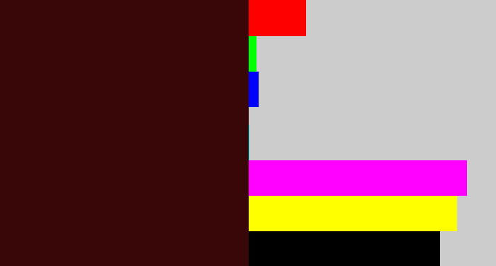 Hex color #3a0709 - dark maroon