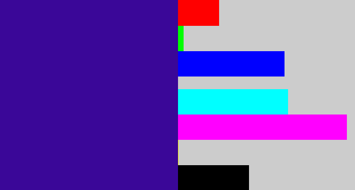 Hex color #3a0798 - indigo