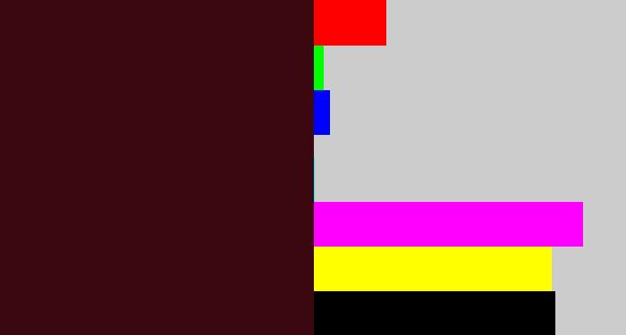 Hex color #3a080e - dark maroon