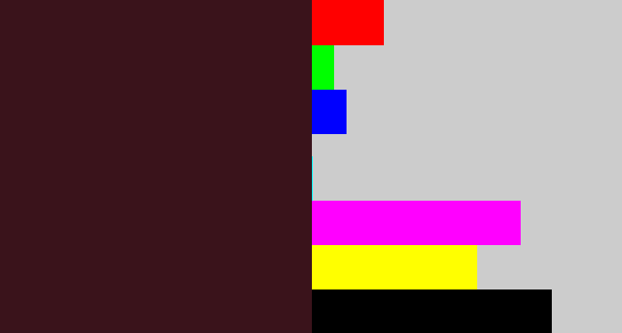 Hex color #3a131b - dark plum