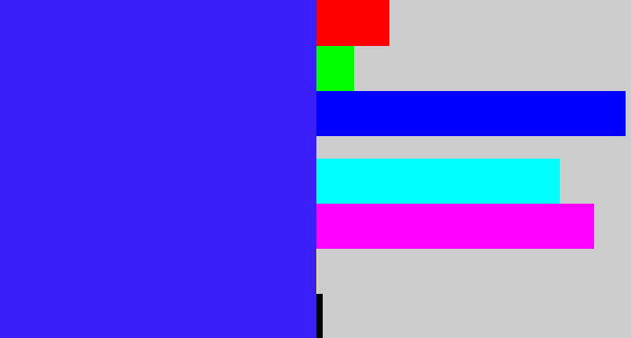 Hex color #3a1ff9 - light royal blue
