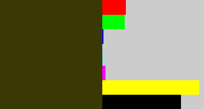 Hex color #3a3803 - dark olive