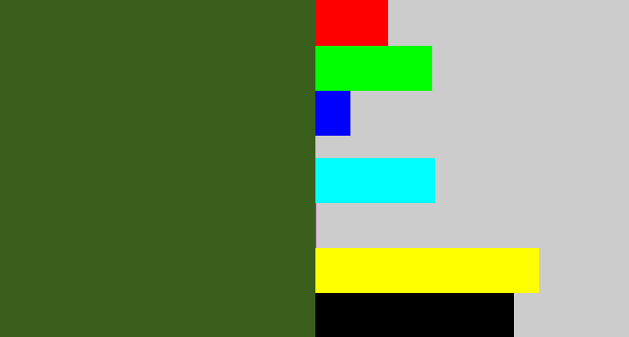 Hex color #3a5e1b - army green
