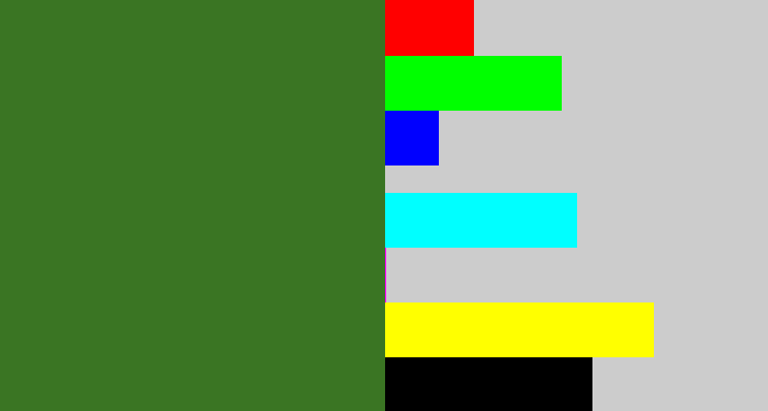 Hex color #3a7523 - tree green