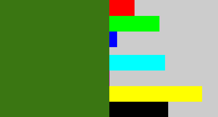 Hex color #3a7612 - dark grass green