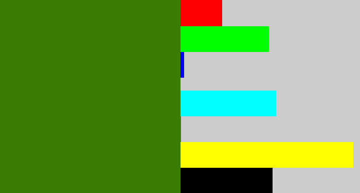 Hex color #3a7c05 - dark grass green