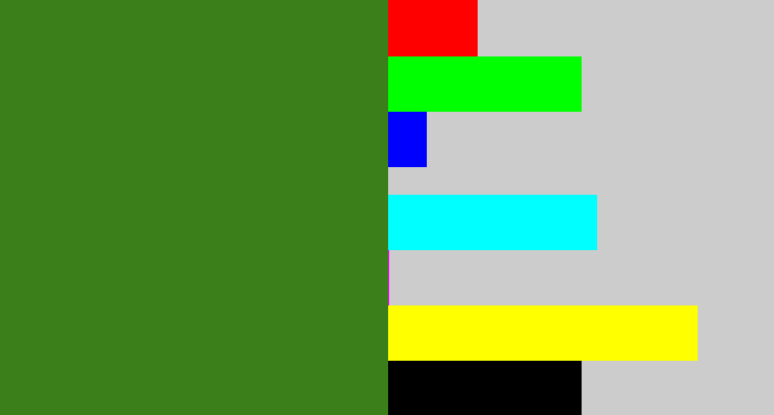 Hex color #3a7f1a - tree green