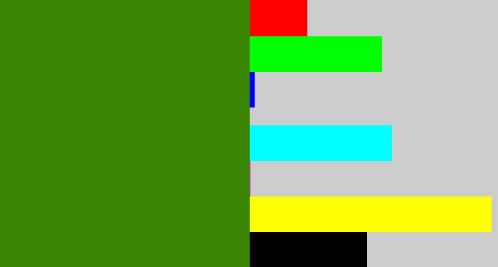 Hex color #3a8604 - dark grass green