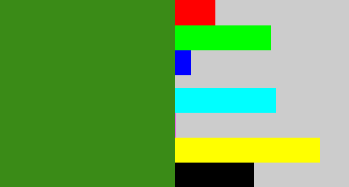 Hex color #3a8b17 - grass green