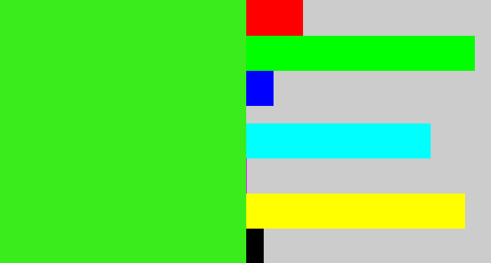 Hex color #3aec1b - vivid green