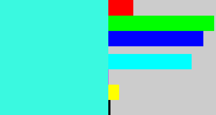 Hex color #3af9e0 - bright cyan