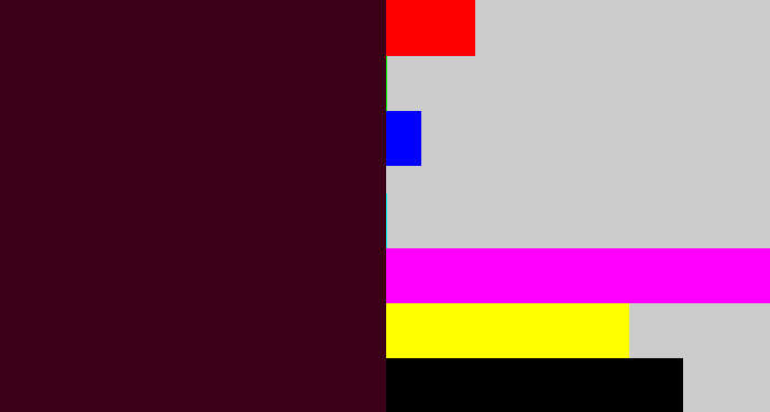 Hex color #3b0016 - dark maroon