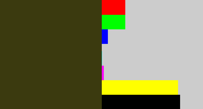 Hex color #3b3a0f - dark olive