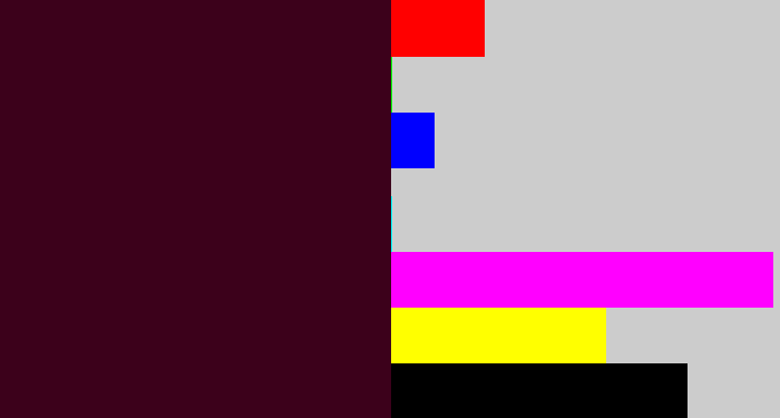 Hex color #3c011b - dark plum