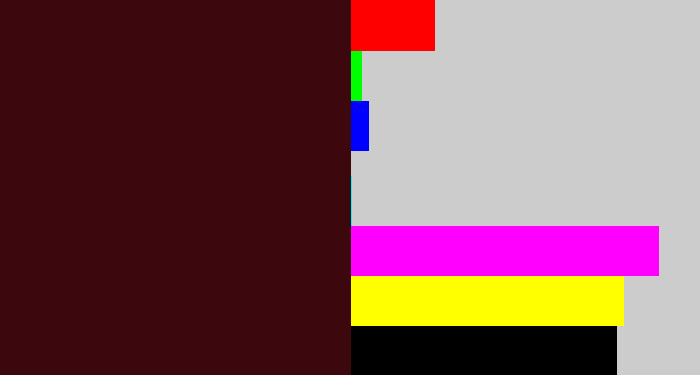 Hex color #3c070d - dark maroon