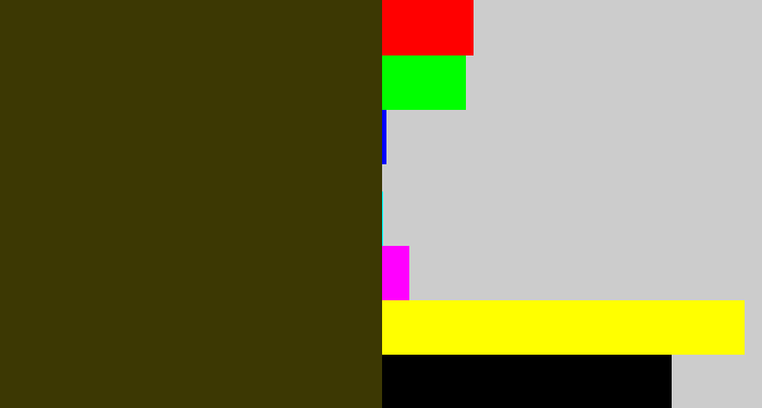 Hex color #3c3803 - dark olive