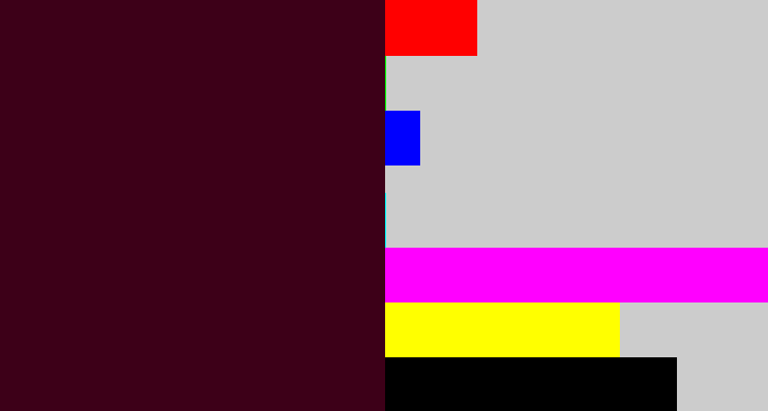 Hex color #3d0018 - dark maroon
