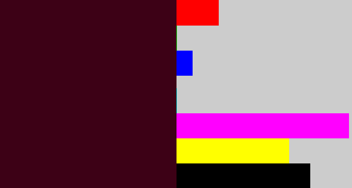 Hex color #3d0116 - dark maroon