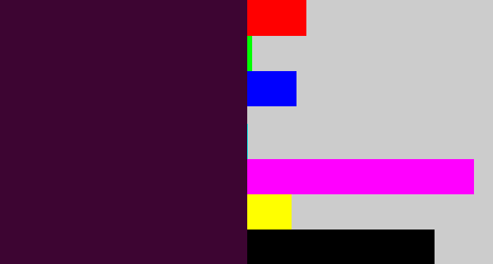 Hex color #3d0532 - aubergine