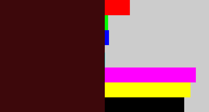 Hex color #3d080b - dark maroon