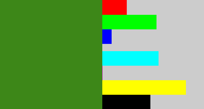 Hex color #3d8718 - tree green