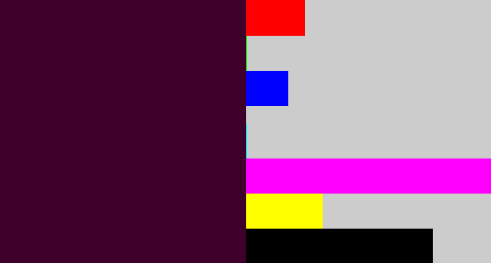 Hex color #3e002b - dark plum