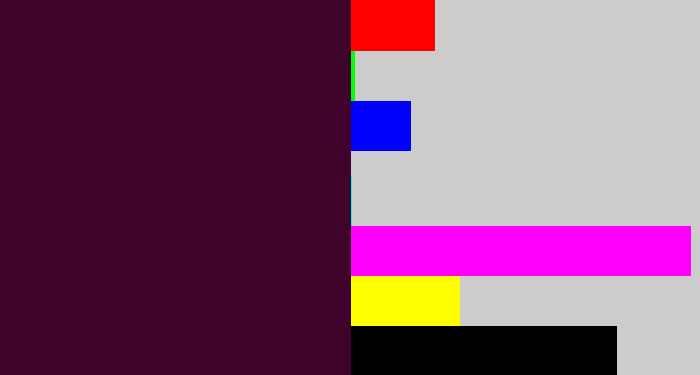 Hex color #3e022b - dark plum
