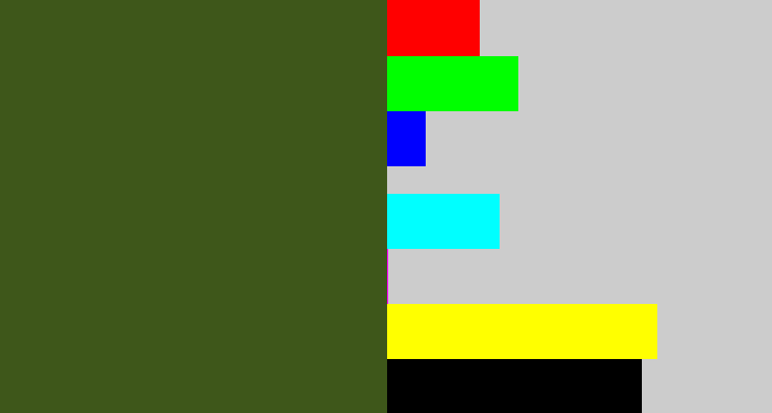 Hex color #3e571a - army green
