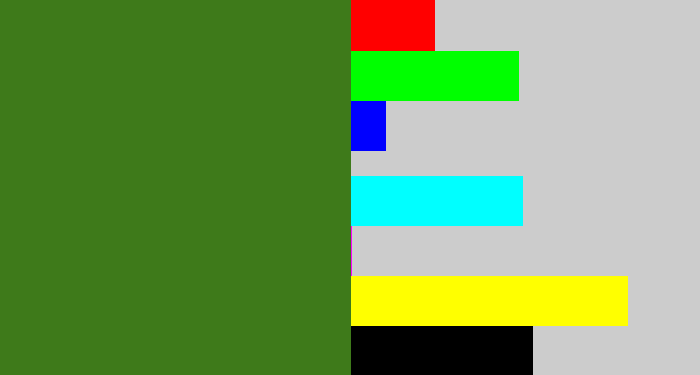 Hex color #3e7a1a - tree green