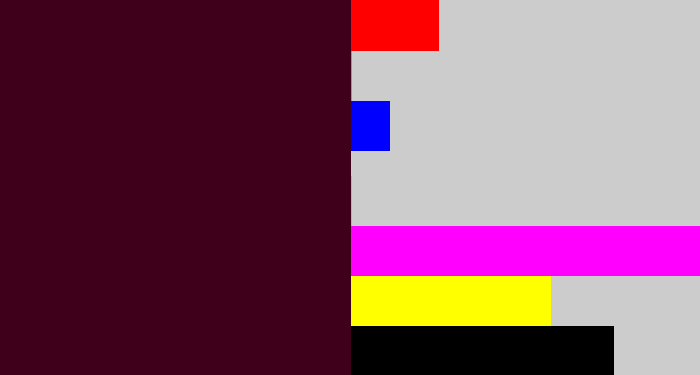 Hex color #3f001b - dark plum