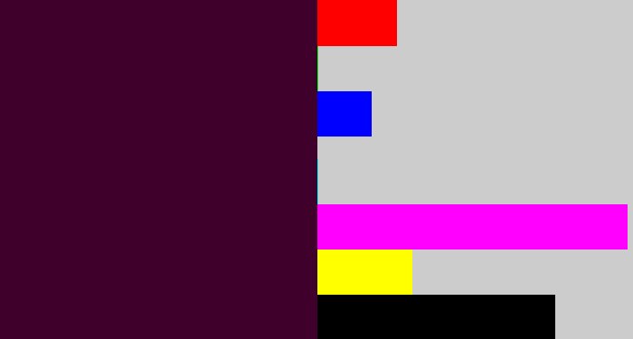 Hex color #3f012c - dark plum