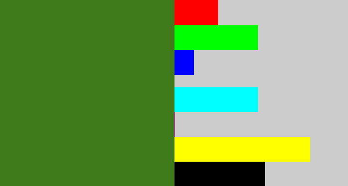 Hex color #3f7a1b - tree green