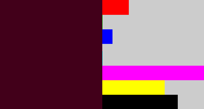 Hex color #42001a - dark plum