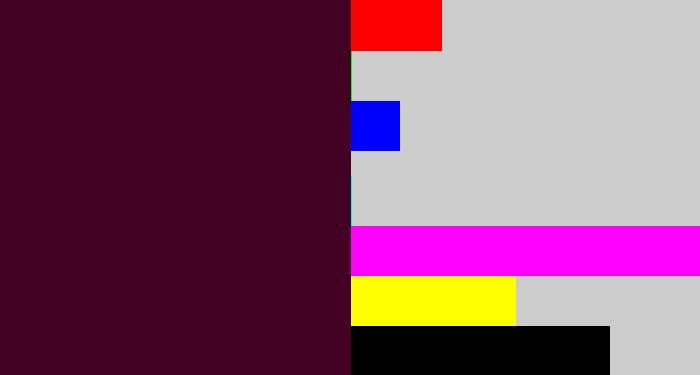 Hex color #420023 - dark plum