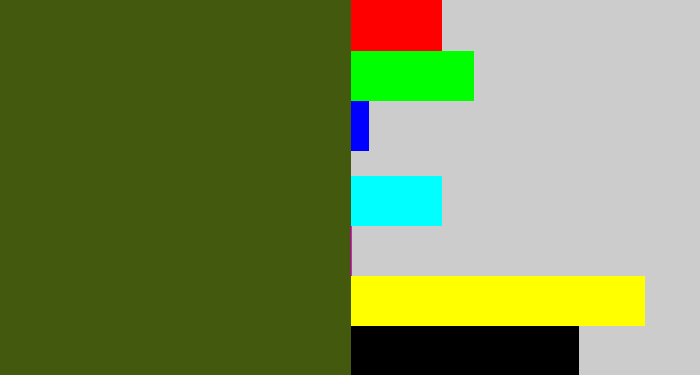 Hex color #42590e - army green