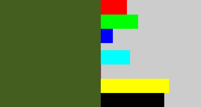 Hex color #435e1e - army green
