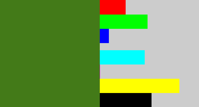 Hex color #437a18 - dark grass green
