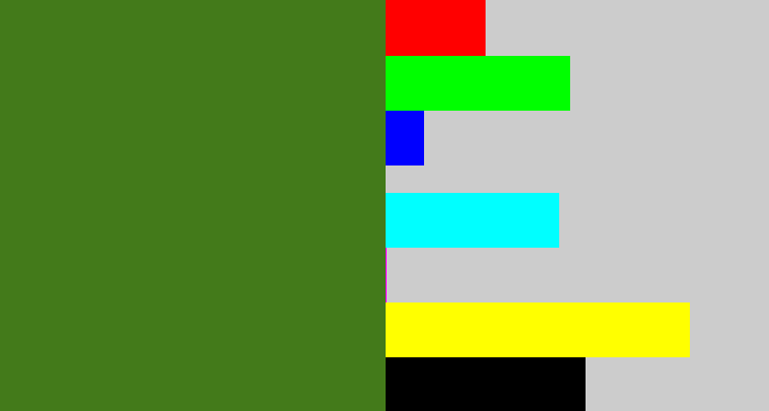 Hex color #437a1a - dark grass green