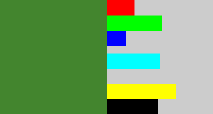 Hex color #43852e - fern green